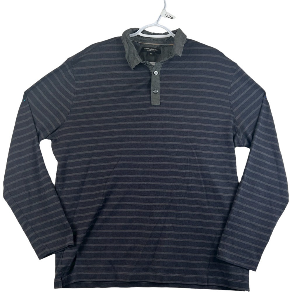Banana Republic Luxury Touch Men's Polo Long Sleeve Black Grey Stripe XL